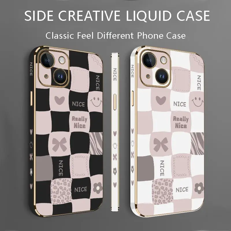 Checkered Smiley Face Luxury Plating Phone Case For iPhone 14 13 12 11 Plus Pro Max Mini X XR XS SE2020 8 7 6 6S Plus Cover