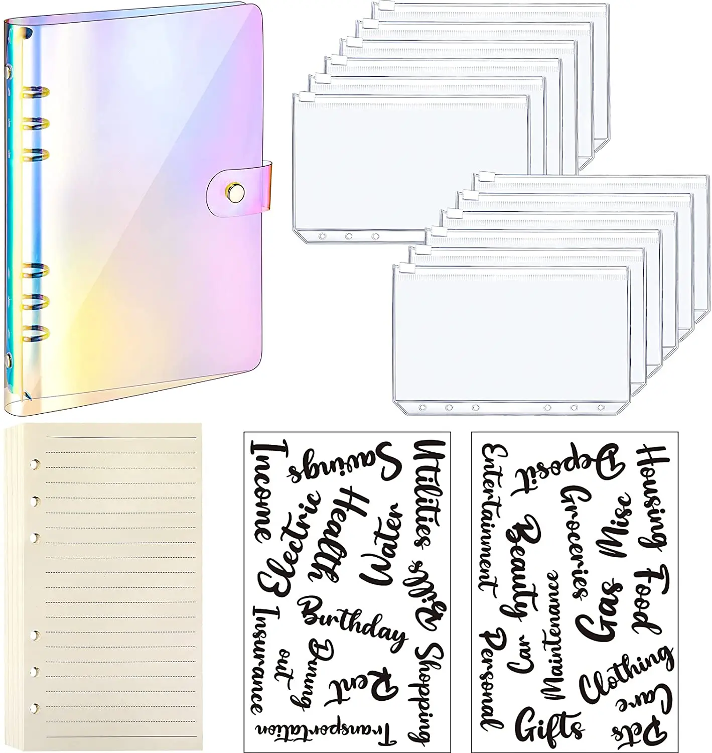 

A6 Budget Planner Binder Organizer Soft PVC Notebook Cover with 12 Pieces Binder Pockets, 1 Loose Leaf Paper and 26 Budget Label