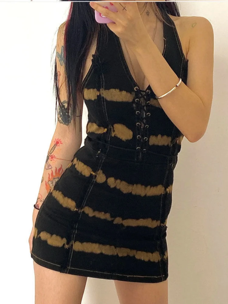 Сексуальное винтажное платье HOUZHOU с лямкой на шее Женский бандажный женский