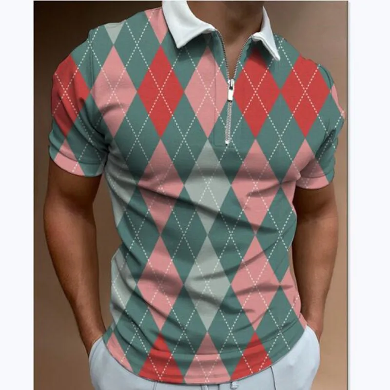 

Summer Men's Polo Shirt 2022 Diamond Multicolor Print Polo Shirts Men Short-Sleeved Turn-down Collar Zipper Design ToTees Shirt