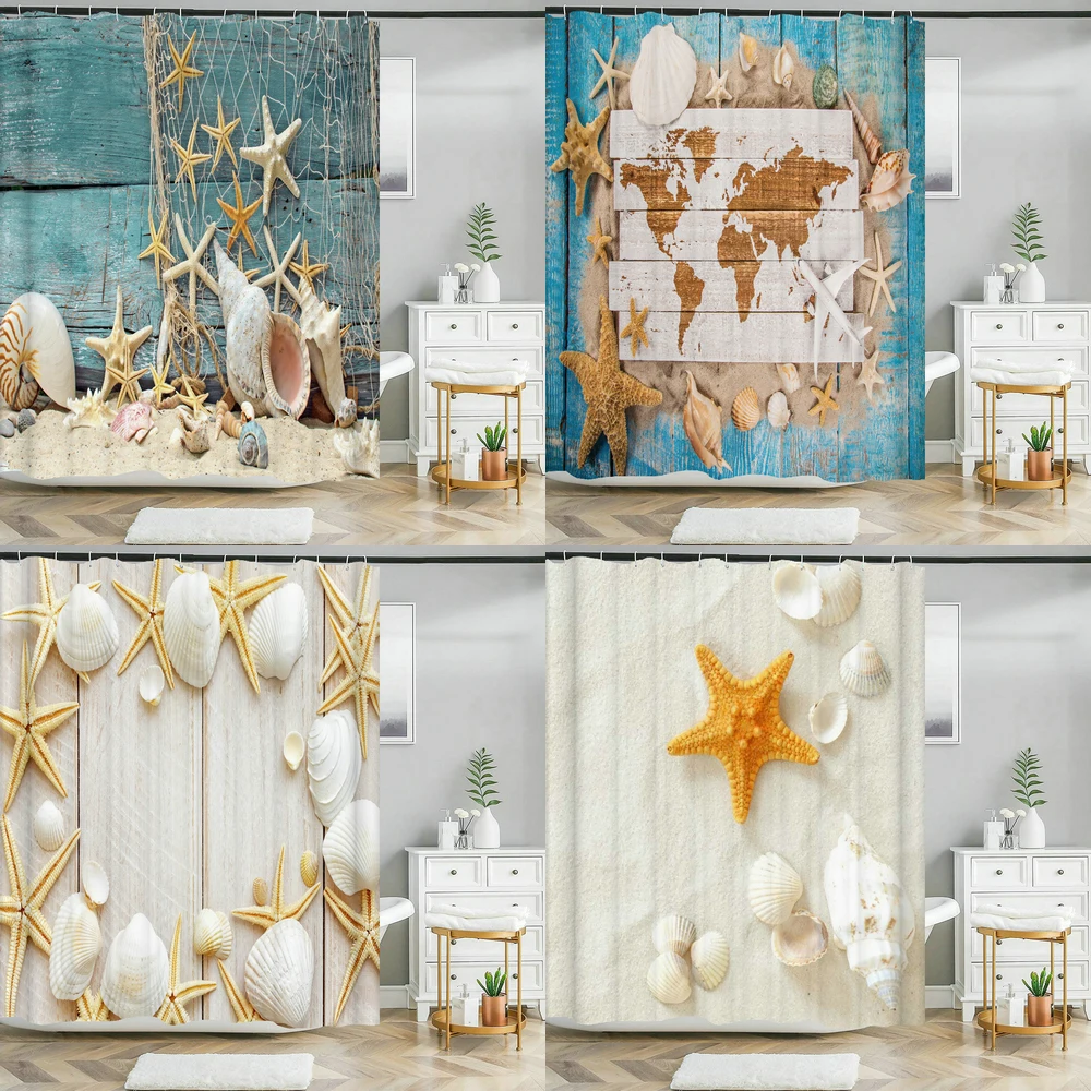 

Waterproof Starfish Blue Sea Beach Polyester Fabric Shower Curtains High Quality Printing Bathroom Curtains Home Decor Cortinas