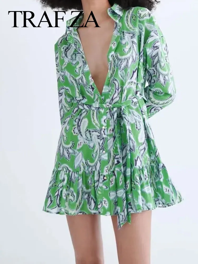 

TRAF ZA Fashion Printed Long Sleeve Dress Lapel Single Breasted Casual Chic Belt Ruffle Hem Short Dress Street Commuter Clothes