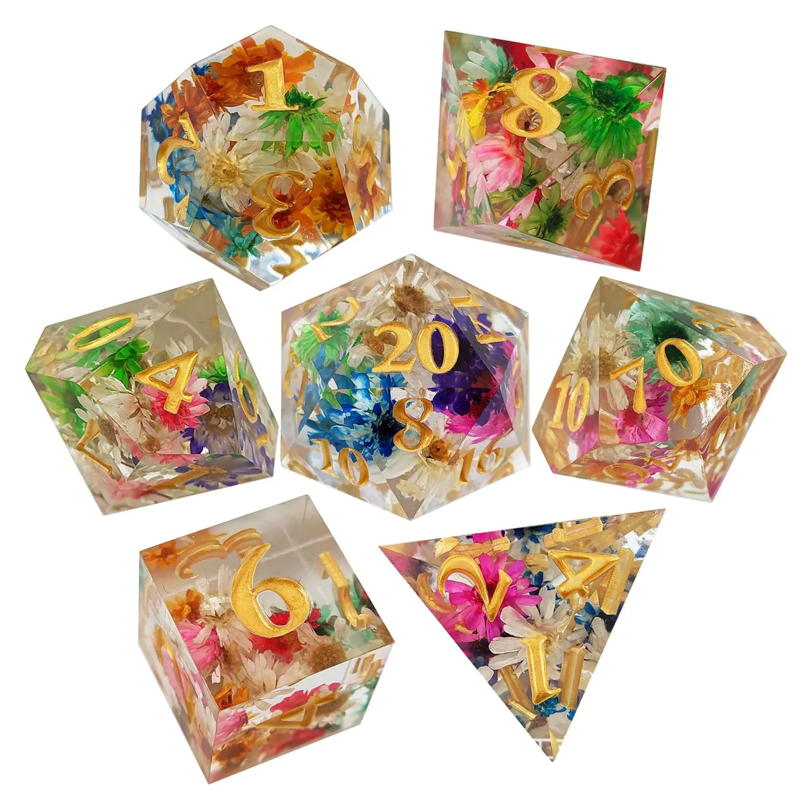 

7x Polyhedral Dices Set Transparent Flower Engraved Game Dices for Parties