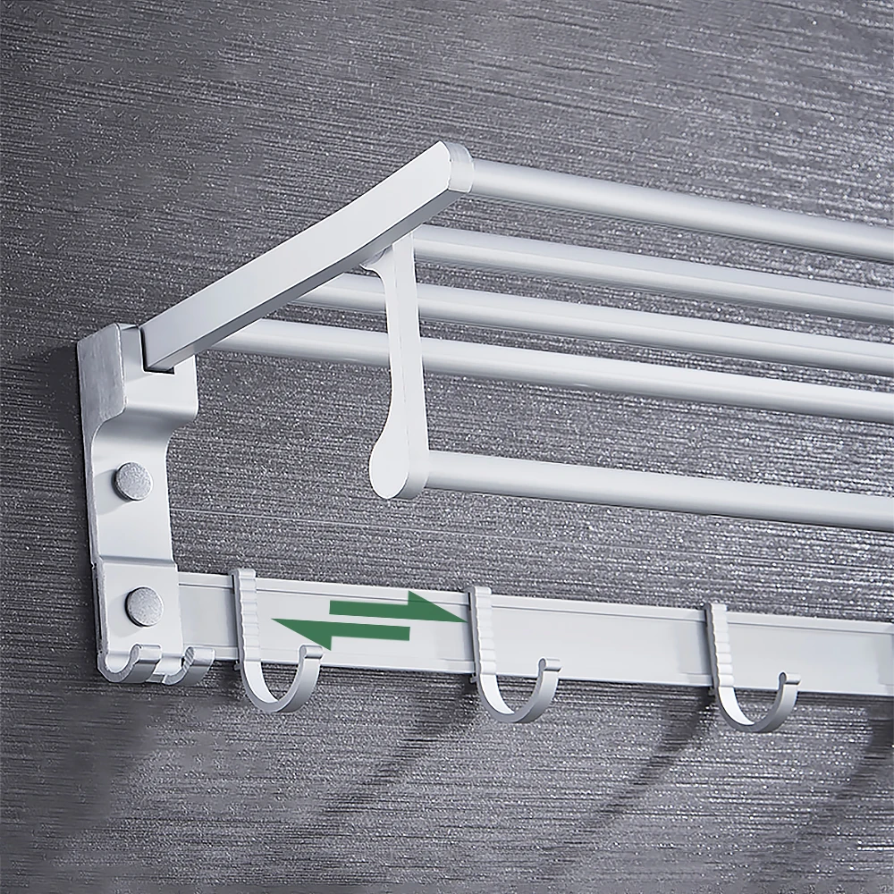 bright silver towel rack with movable hook aluminum holder bathroom accessories folding wall rail organizer hanger storage shelf free global shipping
