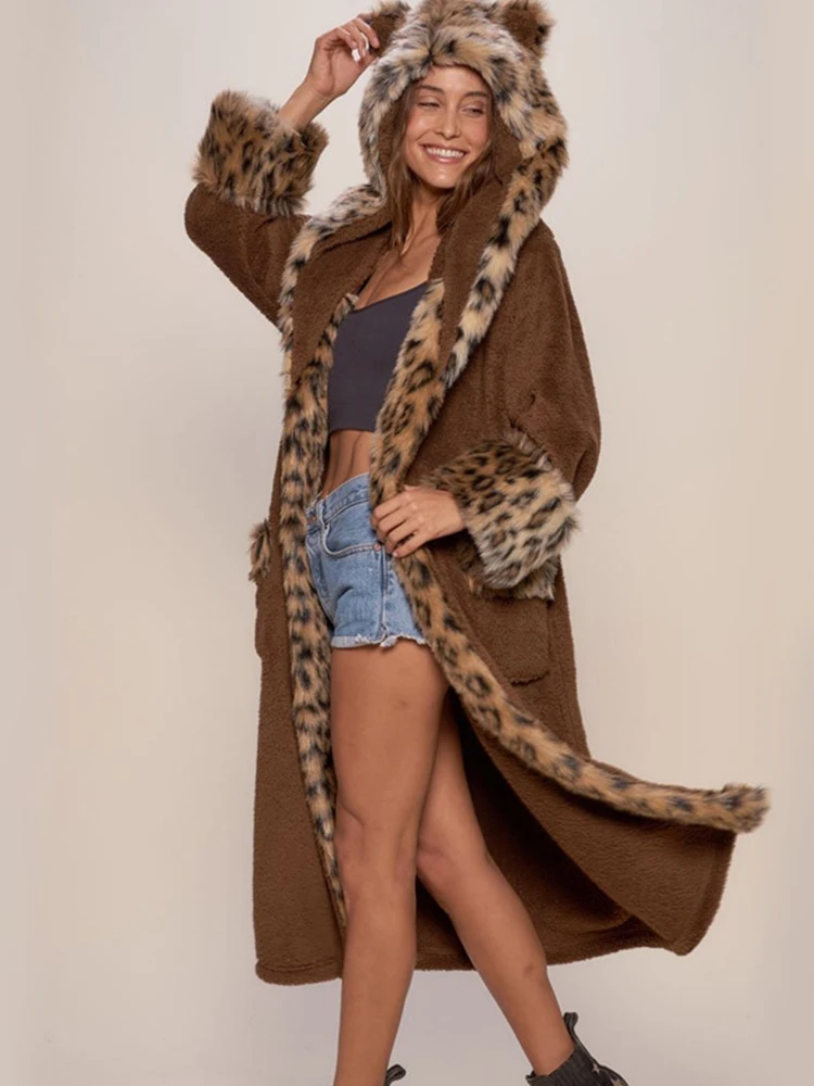 FMFSSOM Winter New Women Faux Lamb Fur Coat Fashion Casual Thick Warm Leopard Fur Collar Hooded Patchwork Mid-Calf Faux Coat