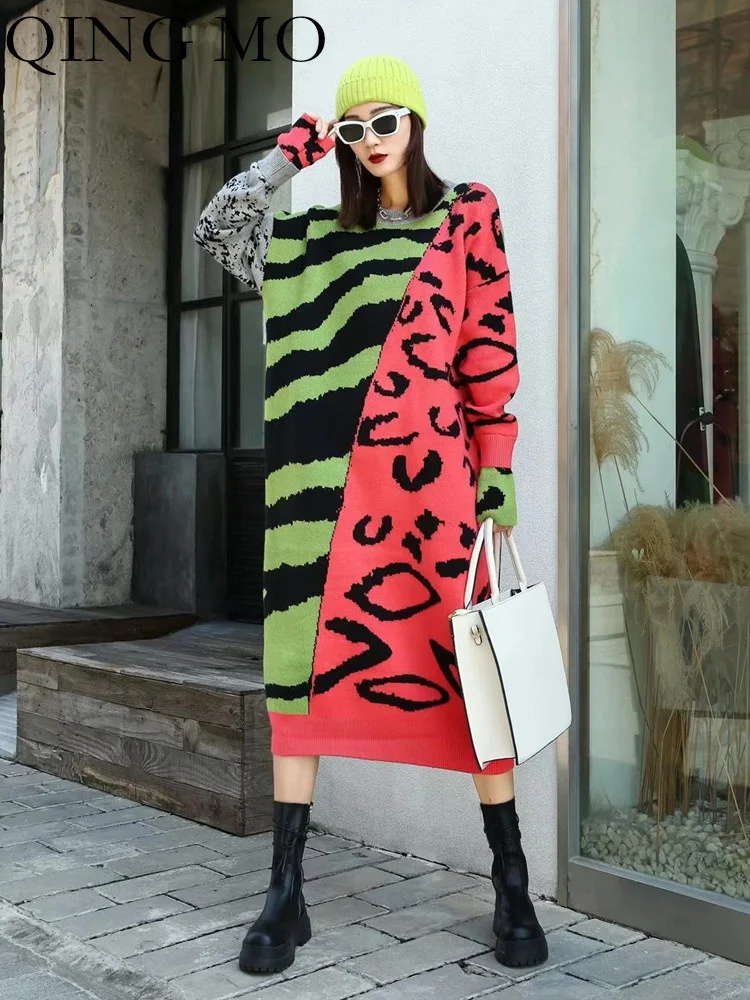 

Женское трикотажное платье-свитер с контрастной строчкой, круглым вырезом и длинным рукавом, большие размеры, весна-осень 2023 ZXF719