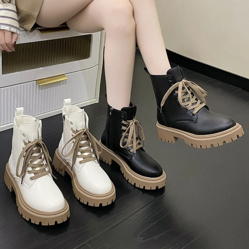 

Short-tube Women's Boots 2022 Autumn And Winter New British Style Fashion Color-blocking Thick-soled Lace-up Casual Martin Boots