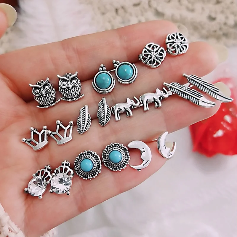 

10pair/set Vintage small Stud Earrings For Women Owl Elephant Crown Leaves Moon Stone Earring Fashion Jewelry Gift