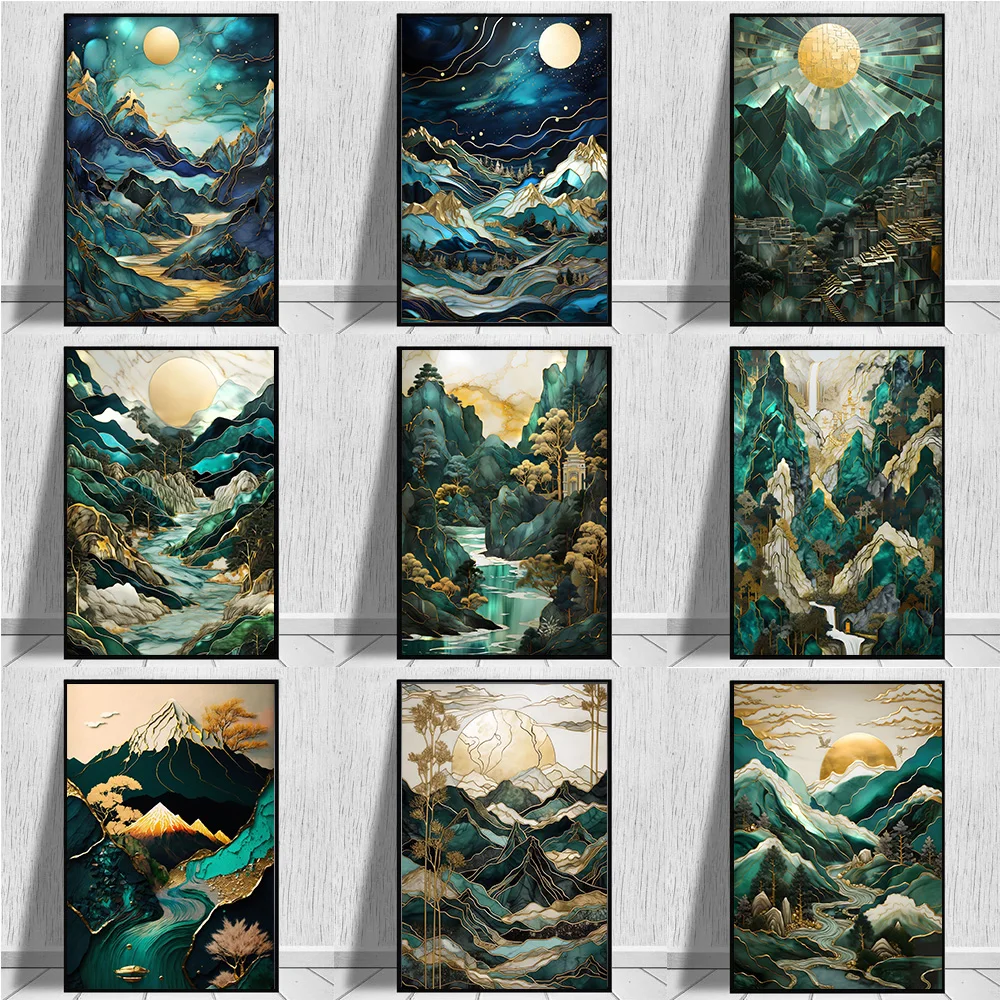 

Gorgeous Emerald Gold Plant Landscape Prints Poster Canvas Painting Modern Wall Art Pictures Living Room Bedroom Home Decoration