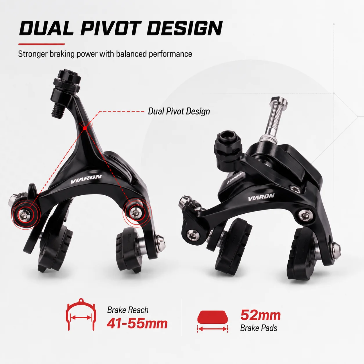 Фото Комплект дисковых тормозов VIARON Dual Pivot для шоссейных велосипедов, алюминиевый сплав, передние и задние тормоза для ободов 41-55 мм, с тормозными колодками 52 мм №3