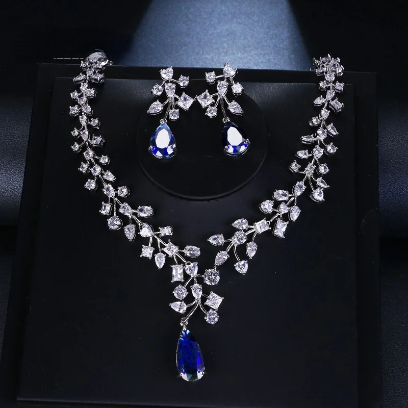 AMC Luxury Green Blue Yellow White Big Water Drop Necklace and Earring Set Zircon Bridal Wedding Party Jewelry Gifts For Women