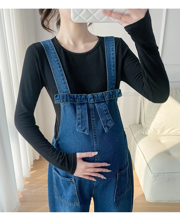 Джинсовые комплекты одежды в стиле преппи для беременных женщин Черная футболка