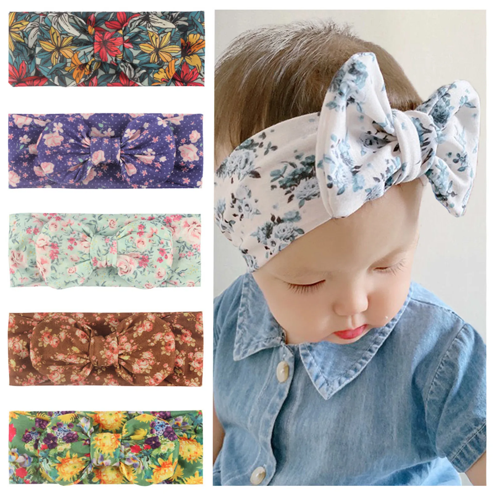 

New Bohemia Elastic Printed Flower Kids Headband Newborn Infant Knot Bows Headwraps Baby Girls Headwear Cute Gifts Photo Props