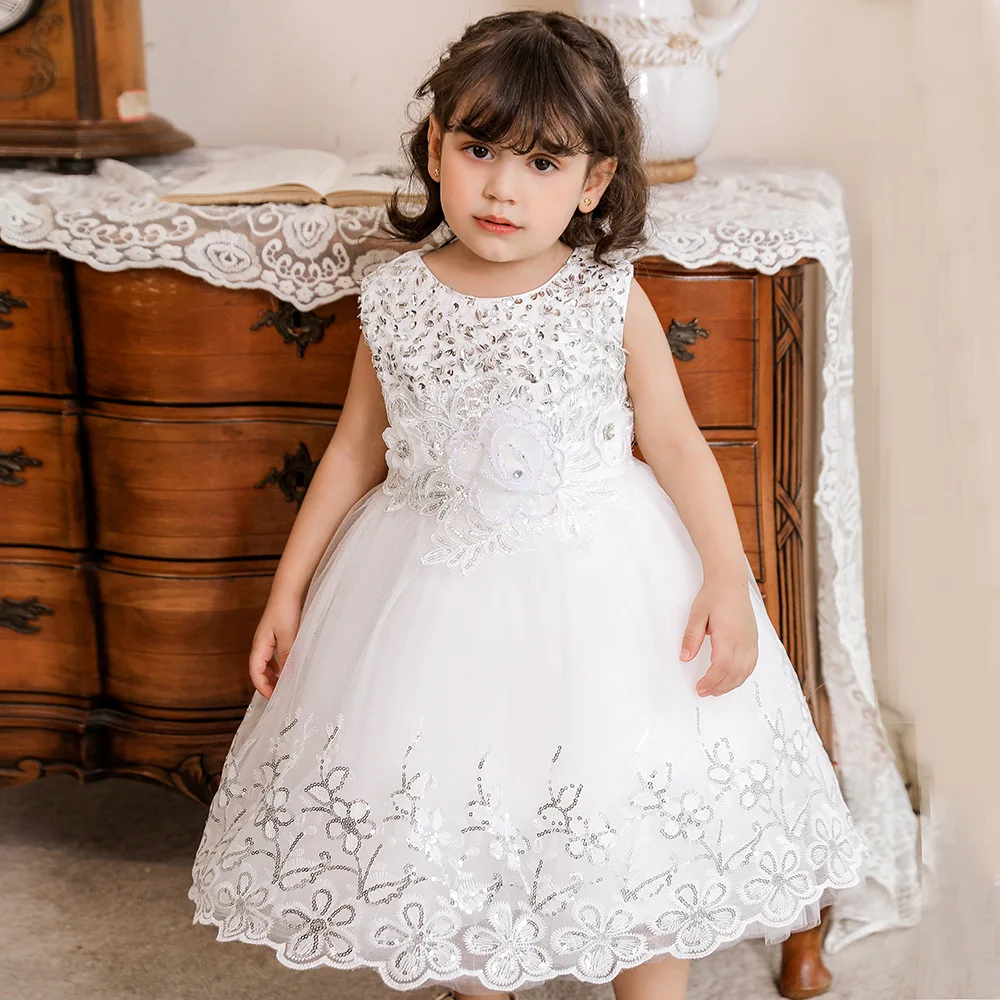 

White Sequins Birthday Party Summer Dress for Evening Baby Girl Lace Princess Tutu Dress Elegant Flower Kids Formal Gowns