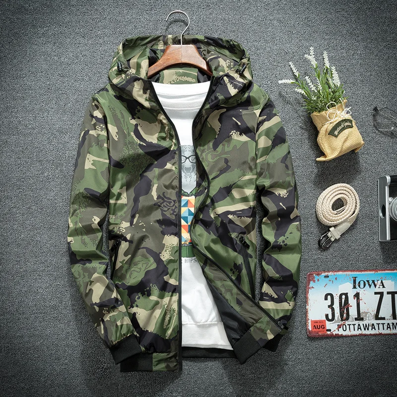 

Men Outdoor Jackets Fashion Breathable Camo Coats Zipper Hooded Loose Casual Clothing For Young Man Camping Trip Baggy Jacket