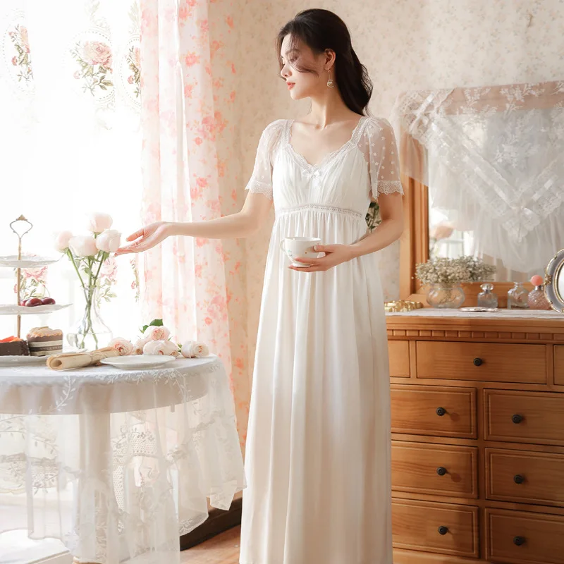 Sexy Lace Short Sleeve Night Dress Women Summer Cotton Long Peignoir Vintage Victorian Nightgown Fairy Nighty Princess Sleepwear