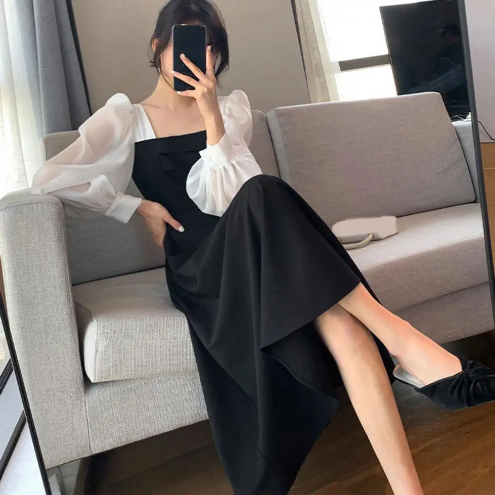 

Women Dress Long Sleeves See-through Dating Dress Vintage Spring Dress Autumn Dress for Shopping