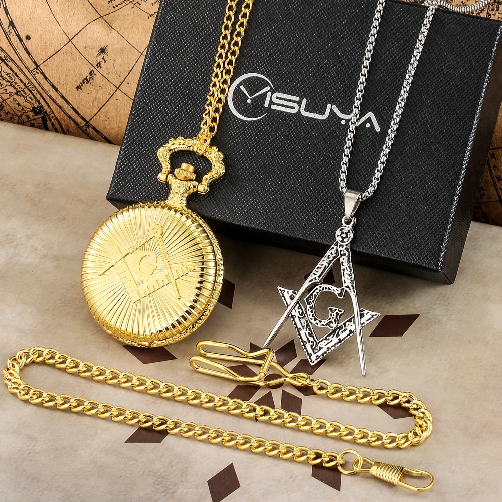 Luxurious Golden Masonic Pocket Watch Set Man's Quartz Pocket Clock Fashion Necklace Perfect Gifts with Box for Boyfriend Father