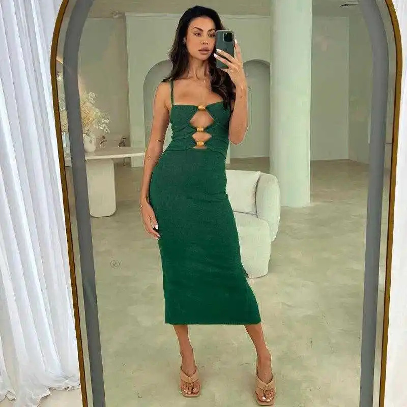 

Summer Solid Color Dresses Hollow Out Sunken Stripe Fashion Sexy Slim Strap Dress For Women