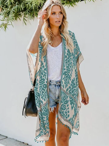 Женский кардиган-кимоно в богемном стиле, Повседневная Блузка с открытым спереди и рукавом, с принтом, A367, 2023