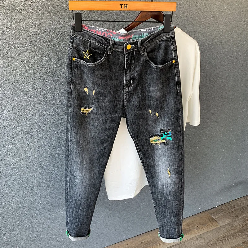 

2022spring And Summer Ripped Jeans Men's Foot Pants Stretch Slimming Brand Beggar Pants Casual Thin Pencil Jeans