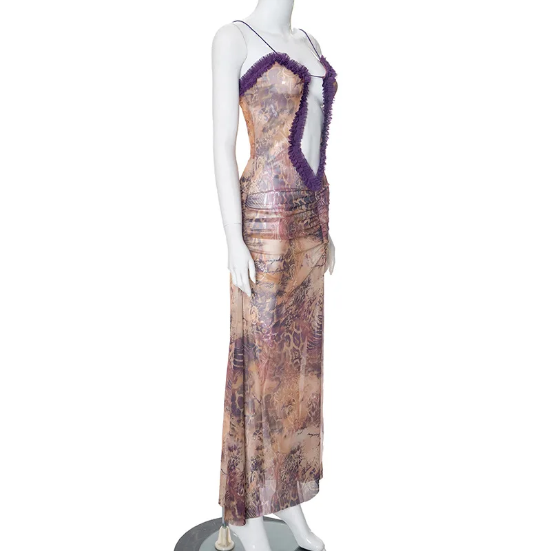 Летнее Длинное Плиссированное Сетчатое платье на бретельках без рукавов с