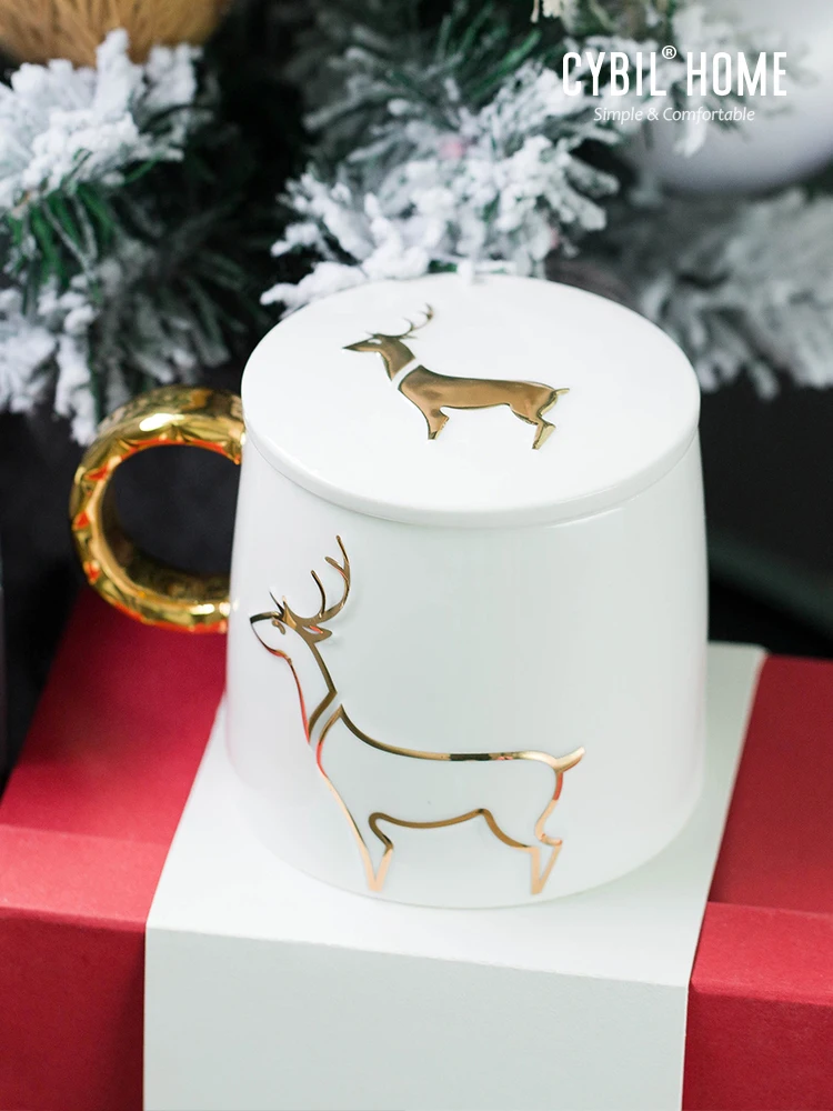 

Gold elk Christmas mugs and lovely girl with cover teaspoons of large-capacity glass glass ceramic coffee cup