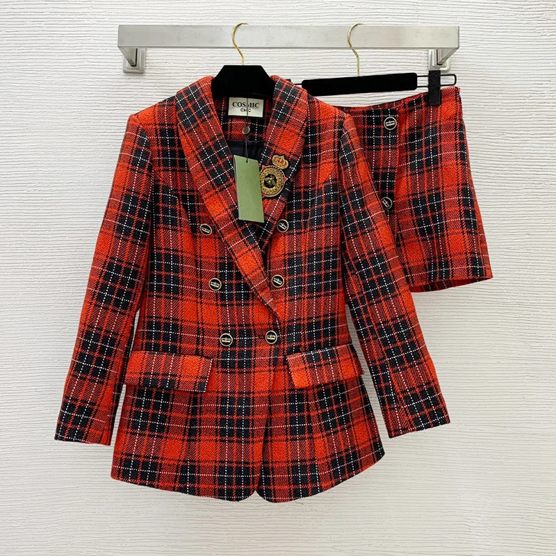 

2022 Winter Vintage Tweed 2 Piece Set Fashion Red Double Breasted Blazer Suit Wid-leg Plaid Shorts Culottes Runway Women Clothes