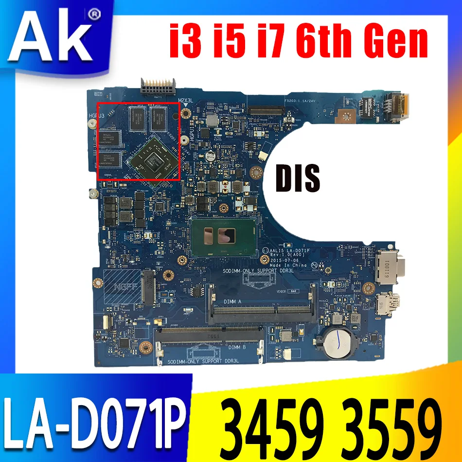

LA-D071P i3-6100U i5-6200U i7-6500U FOR dell Vostro 14 3459 15 3559 Series Laptop Motherboard CN-085Y8T 0P2C6J Mainboard VGAport
