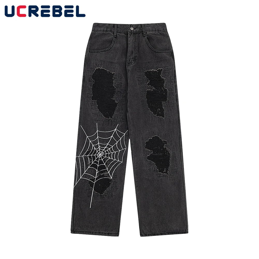 

Джинсы мужские с вышивкой Spider Web, повседневные рваные брюки свободного покроя в стиле хип-хоп, прямые брюки с дырками