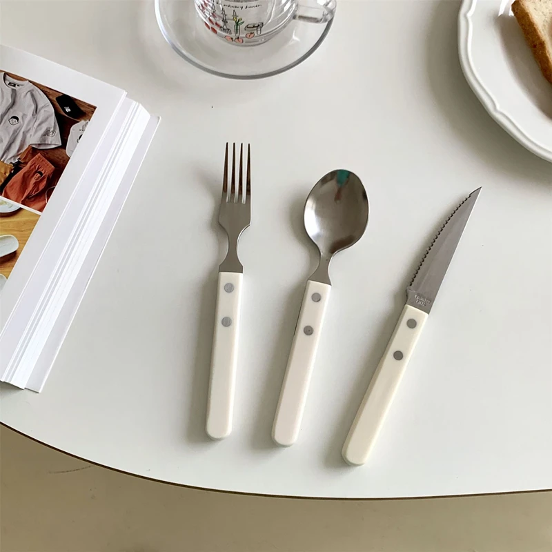 3pcs Stainless Steel Dinnerware Spoon Knife Fork Ivory White