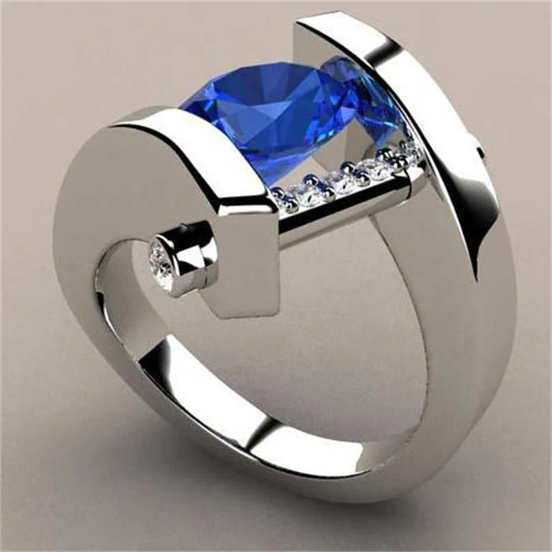 

Luxury Classical Silver Color Geometry Rings for Women Trendy Metal Inlaid Blue Stone Wedding Engagement Jewelry