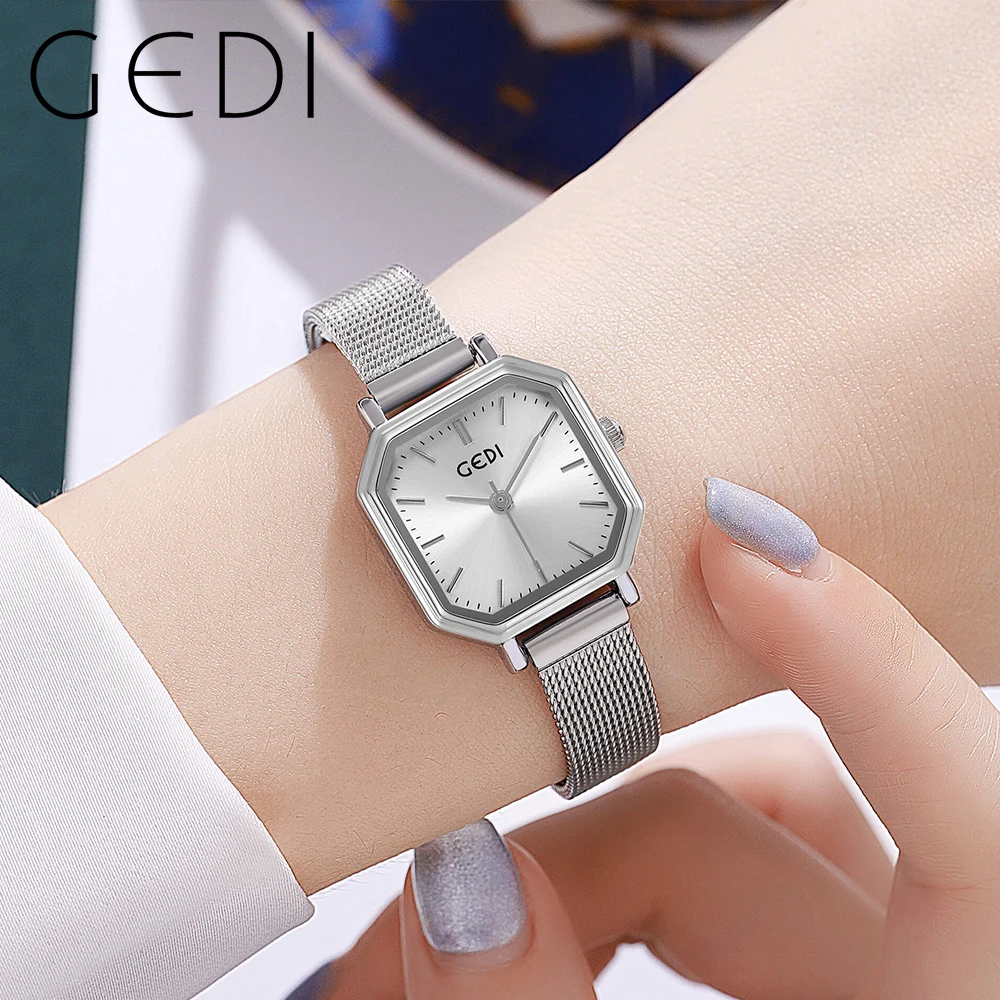GEDI Ultra-thin Silver Women Square Watches Luxury Brand Milanese Strap Waterproof Fashion Ladies Quartz Wristwatches Clock Gift