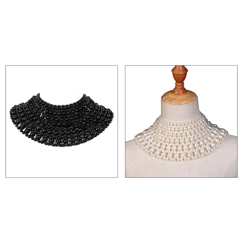 

Elegant Jewelry Bib Choker Necklace Vintage Luxurious Fanshaped Pearl Beaded Body Chain Shawl Collar Layered Statement