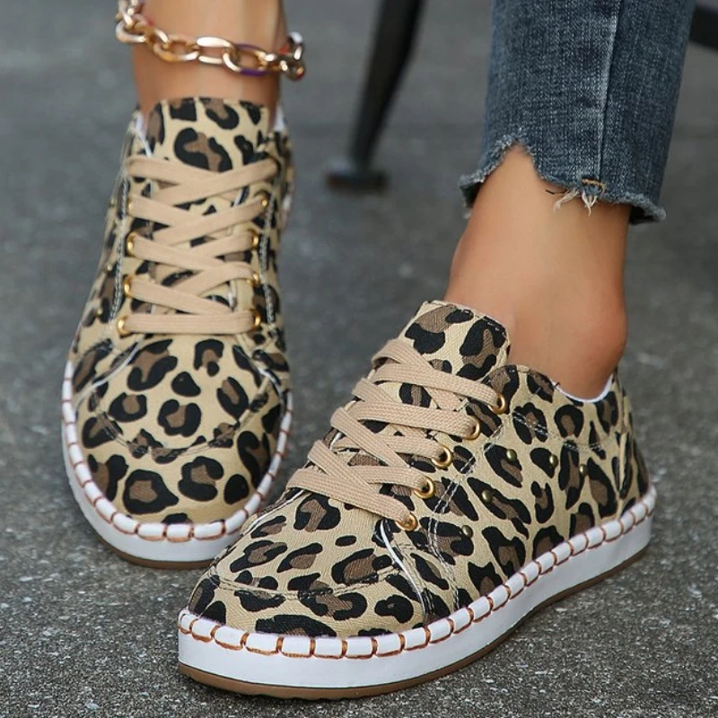 

Designer Walking Casual Shoes Women Flats Leopard Shoes Platform Canvas Running 2023 Autumn New Lace Up Sport Travel Zapatos