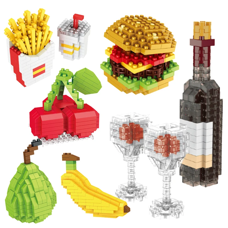 Bloques de construcción 3D para niños y niñas, juguete de ensamblaje de Mini comida rápida, fruta, vino, hamburguesa, patatas fritas, pastel de perro caliente, regalo