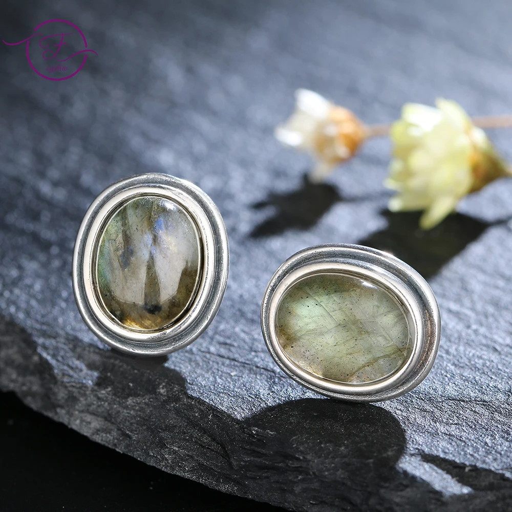 

Simple Style Silver Stud Earring Natural 8x10MM Labradorite Earring for Women Fashion Retro Ear Jewelry Party Birthday Gift