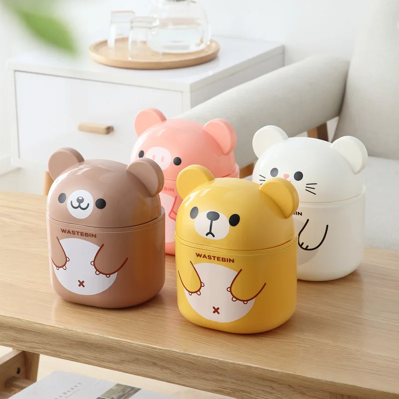 

Bear Household Mini Flip Lid Shake Lid Sundry Storage Bucket Small Paper Basket Creative Desktop Cartoon Trash Can