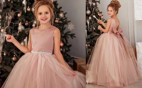 Flower Girls Satin Tulle Princess Pageant Dress for Wedding Kids Pearls Prom Ball Gowns with Bow-Knot  Flower Girl Dresses