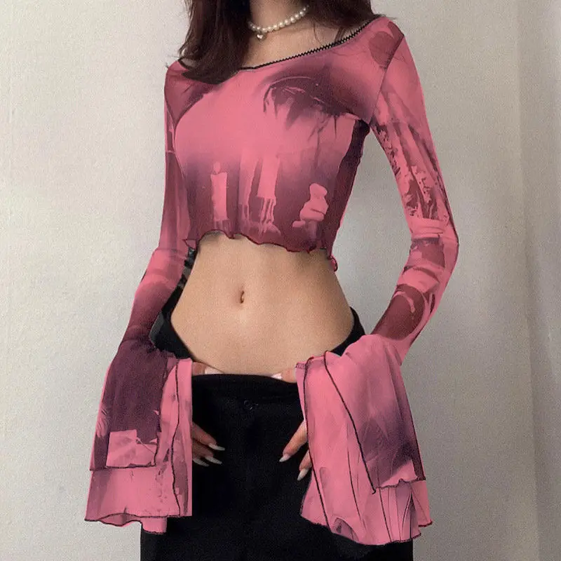 

Sweet Young Style Streetwear Fashionable Spring Summer Thin Slim T-Shirts Flare Sleeve O-neck Tie Dye Pullovers Women's Clothing