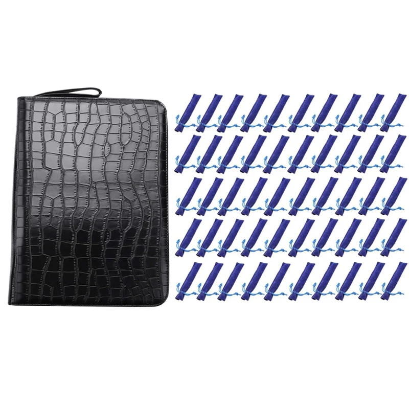 

51 Pcs Pencil Bag: 50 Pcs Blue Velvet Single Pen Bag & 1 Pcs PU Leather Black 48 Slots Pen Pouch Bag