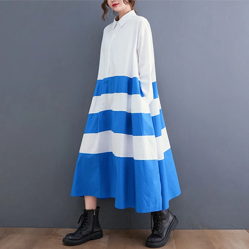 

Cotton Women Blouse Loose Shirt Dresses Beach Vacation Casual Plus Size Womans Long Section Shirt White/Blue Elgant Robe Femme
