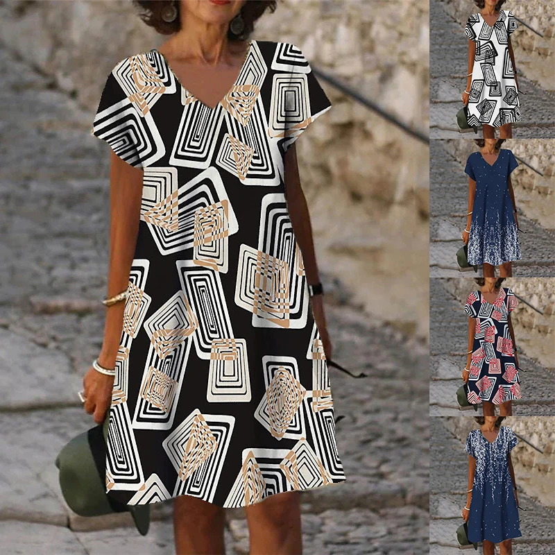 

2022 Abstract Print Summer Dress Women Elegant Short Sleeve V Neck Knee-Length New Painting Design Female Dress