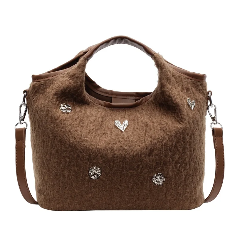 Niche Woolen Bag Women's 2024 New Autumn and Winter Versatile Messenger Fashionable Portable Bucket