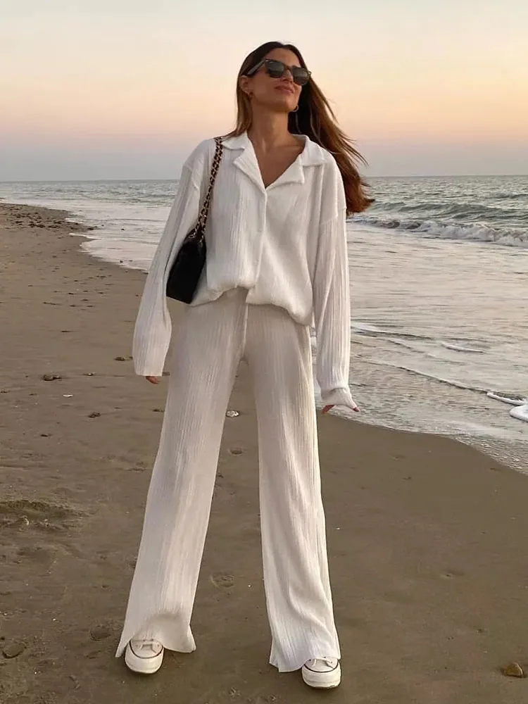 

KLKXMYT TRAF комплект из двух предметов для женщин 2023 Новый Модный повседневный костюм рубашки с рюшами + Прямые брюки комплект для женщин костюм ...