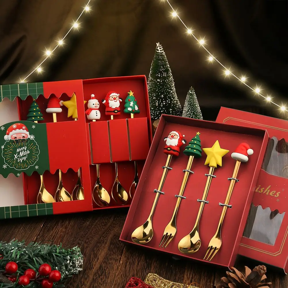 luxury Dessert Spoon Fork Christmas Spoon Fork Set Cartoon Cute Santa Claus Spoon Creative Gift Box