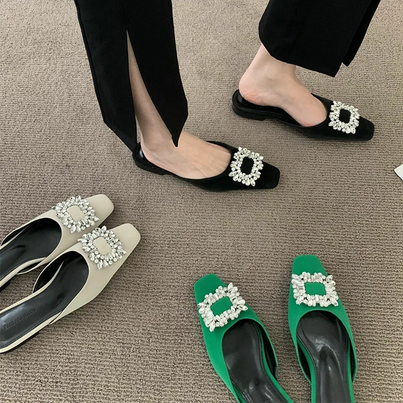 

Rimocy Closed Toe Crystal Women Slippers Green PU Leather Flat Slides Woman 2022 Fashion Rhinestones Mules Summer Ladies Shoes