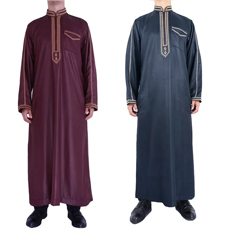 2023 Spring Standing Collar Printed Arab Men's Ethnic Style Loose Fit One Piece Muslim Robe Muslim Fashion Islamic Clothing