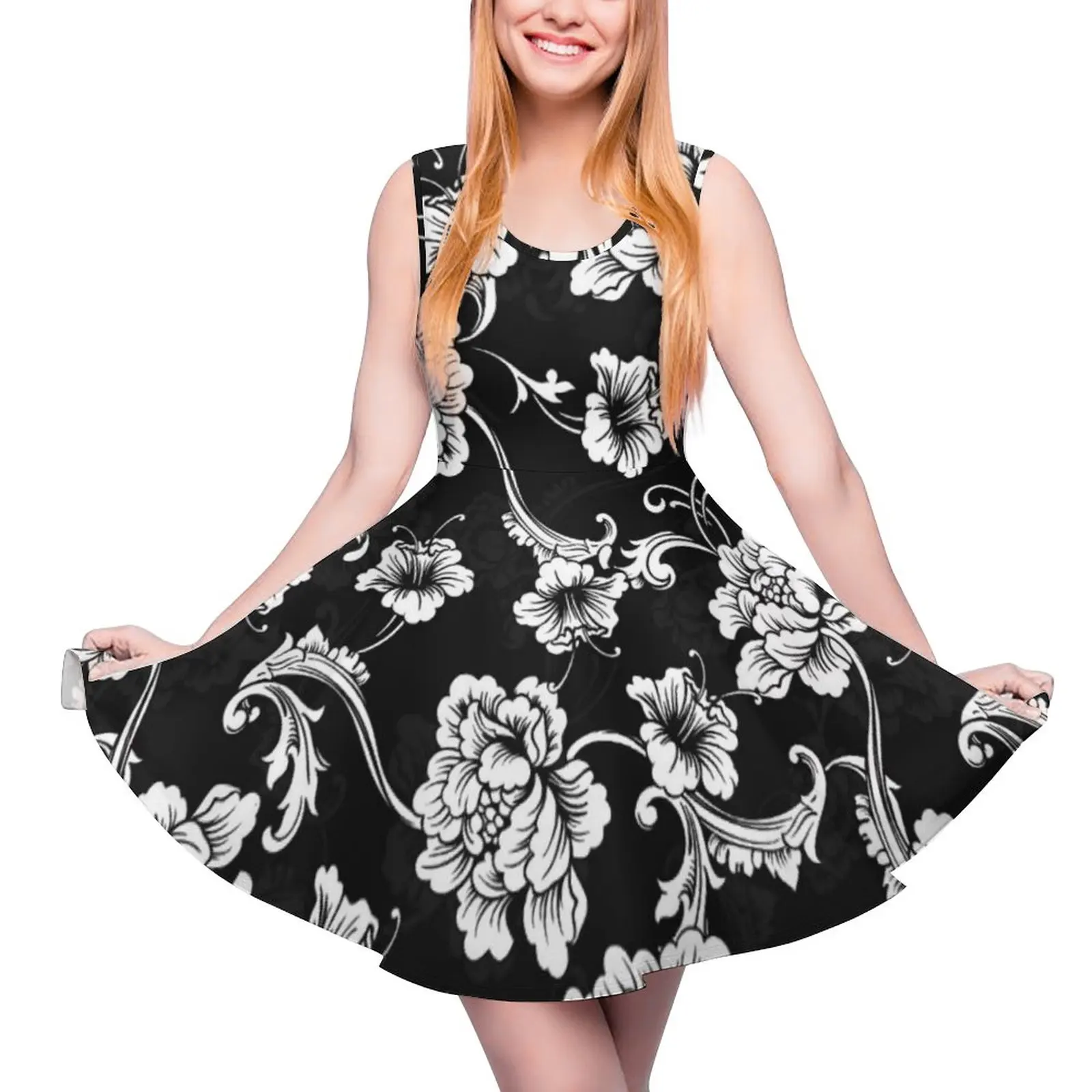 

Chic Baroque Floral Dress Retro Flowers Print Beach Dresses Sleeveless Aesthetic Oversize Skate Dress Womens Print Vestidos