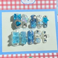 kawaii diy hello kitty blue cartoon press on nails y2k handmade anime toy false tip fake stickers hot girl accessories sparkling